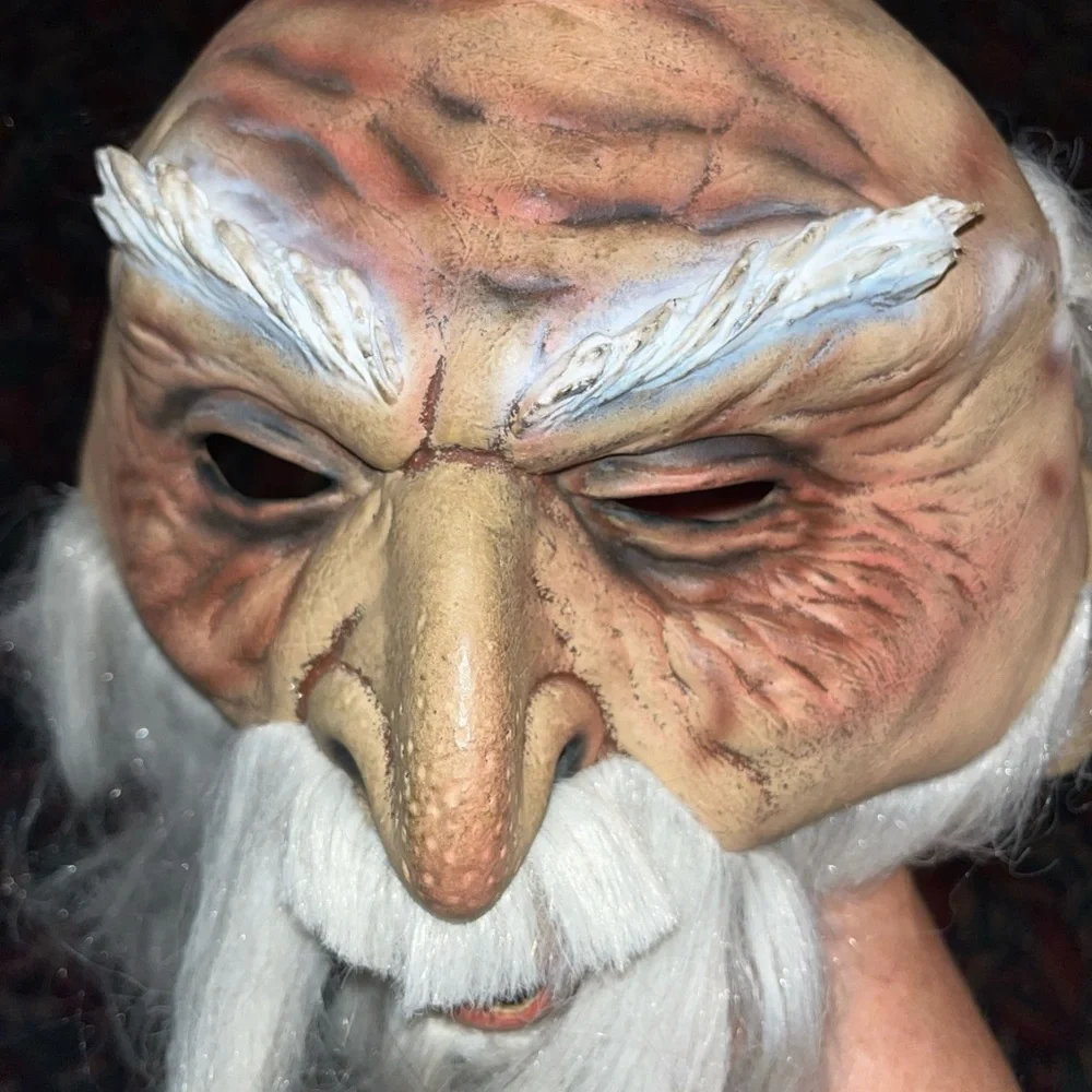 Vintage 2003 OLD MAN Mask WIZARD Full Head White Hair Beard Pointed Elf Ears VTG